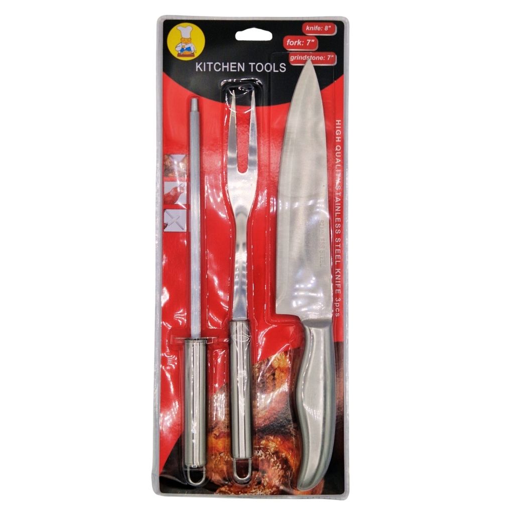 Set d’Ustensiles pour Barbecue – 3 Pièces : Couteau, Fourchette et Aiguiseur