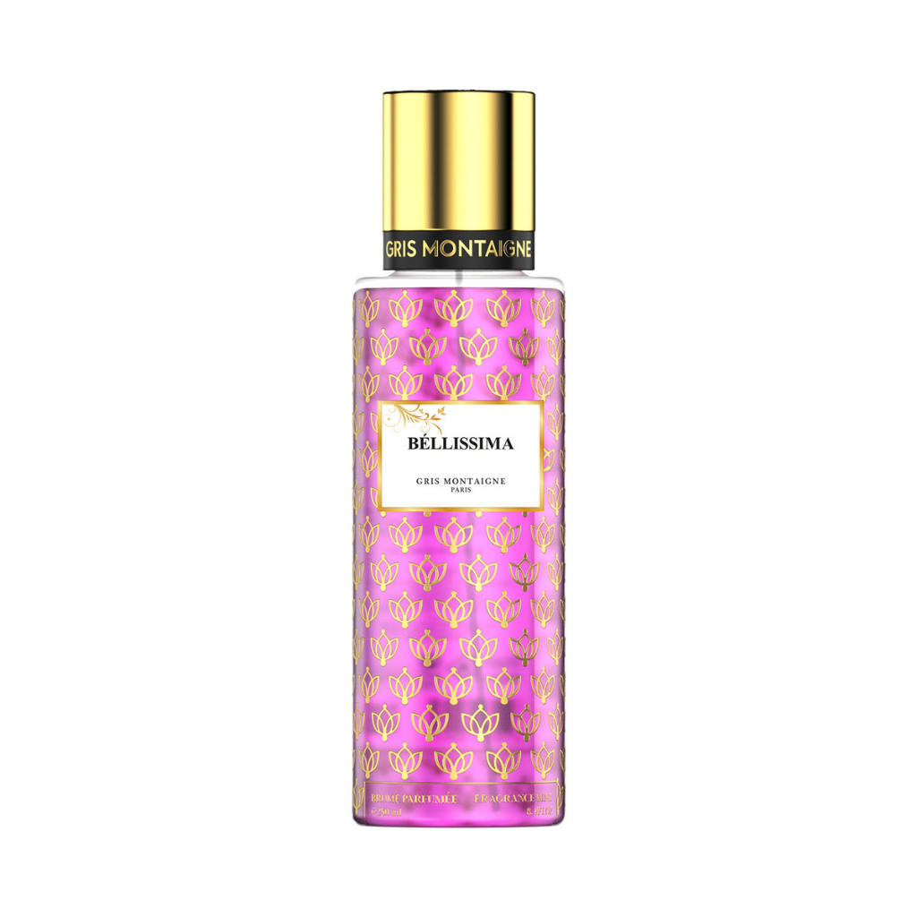 Brume Parfumée Bellissima – 250ml Gris Montaigne bottle with decorative design.