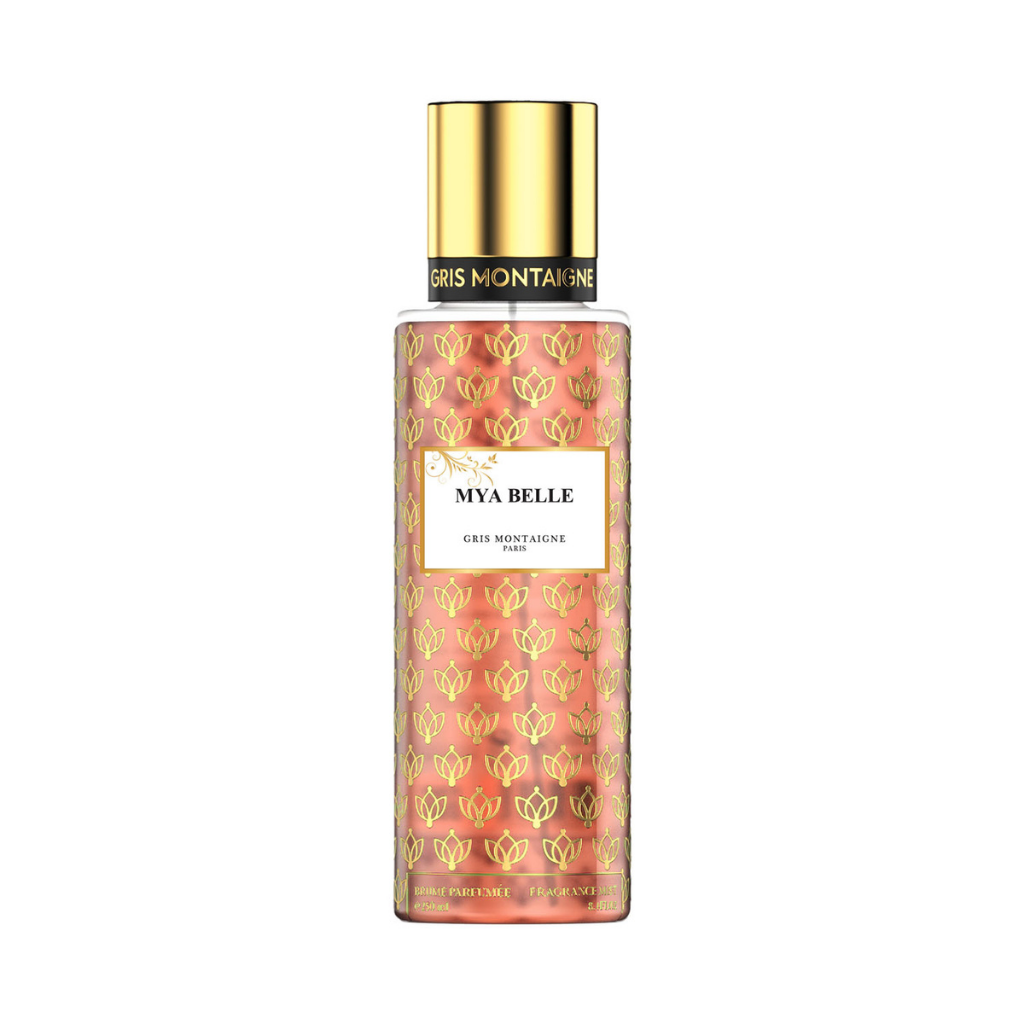 Brume Parfumée Mya Belle 250ml Gris Montaigne fragrance bottle with golden accents.