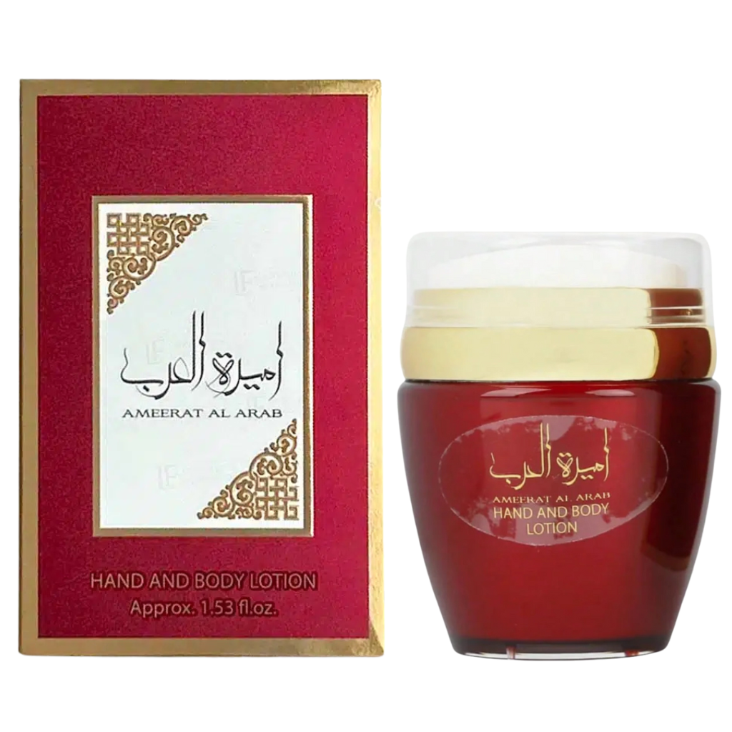 Lotion Ameerat Al Arab 45ml bottle with decorative box, luxurious fragrance and hydrating formula.