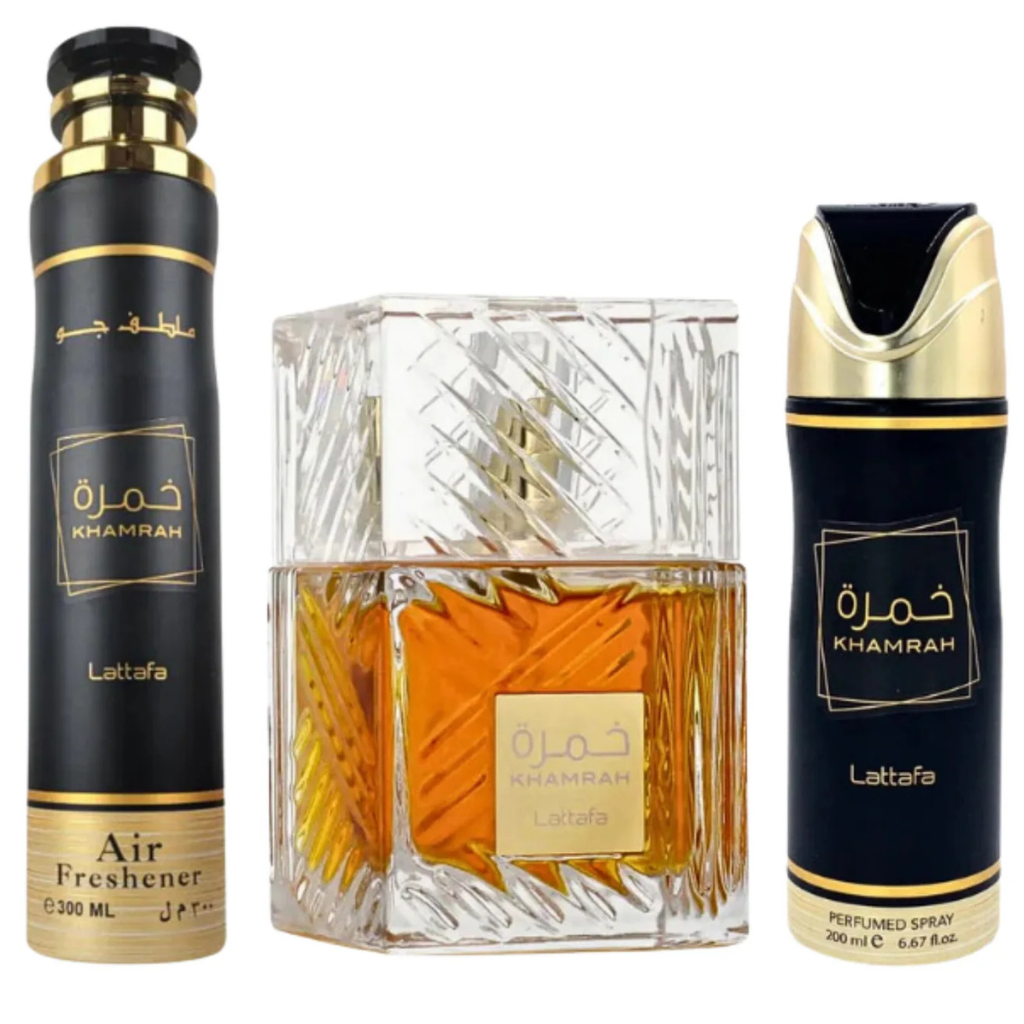 Coffret Khamrah Lattafa avec Eau de Parfum, spray parfumé, et désodorisant, parfum oriental gourmand et épicé.