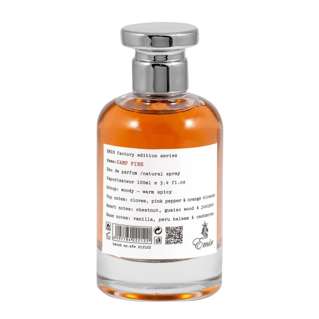 Emir Camp Fire Factory Edition 100ml Eau de Parfum bottle with warm, woody, and spicy fragrance notes.