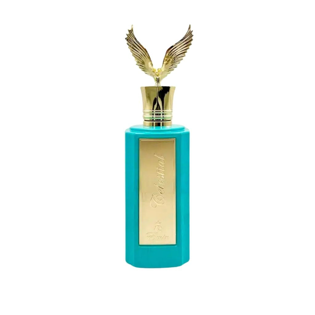 Emir Celestial 100ml Eau de Parfum bottle with gold eagle cap, luxury fragrance for men.