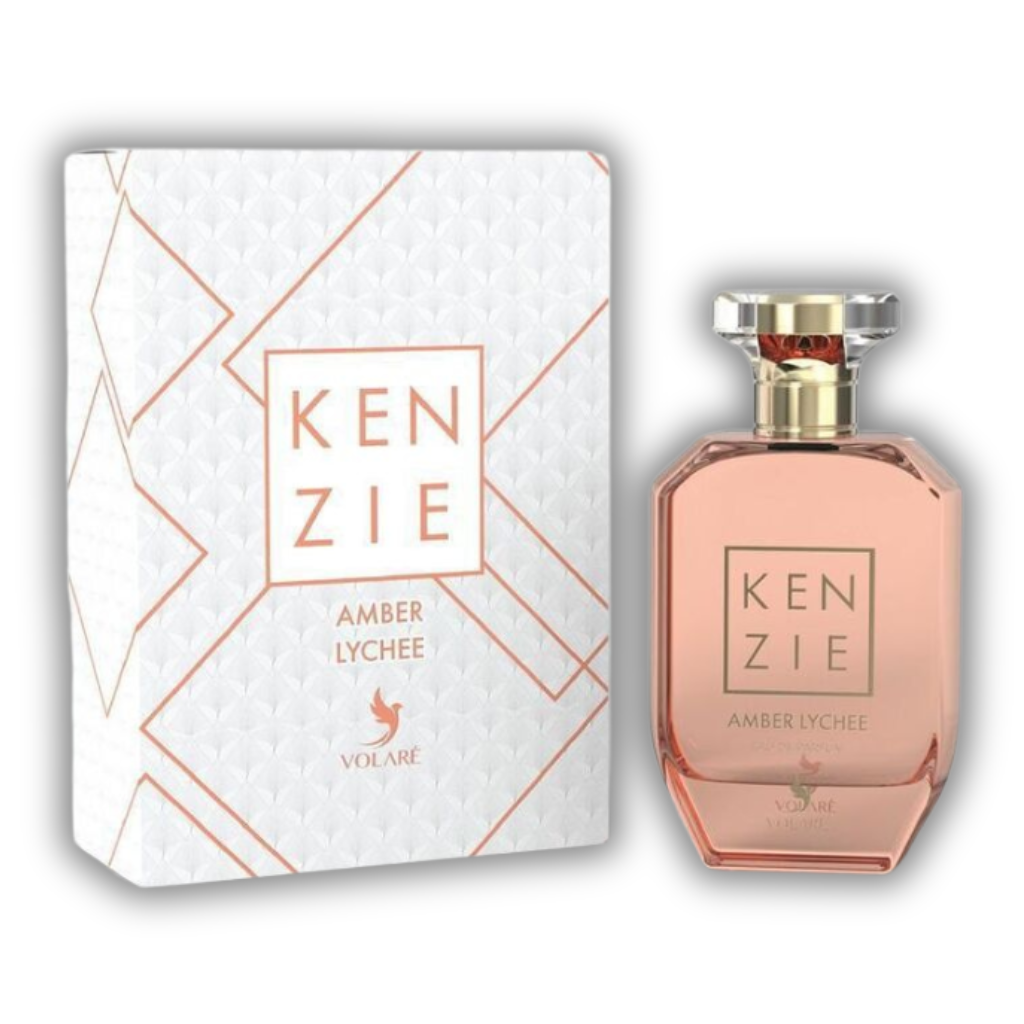 Kenzie Amber Lychee Volaré 100ml Eau de Parfum bottle and box packaging.