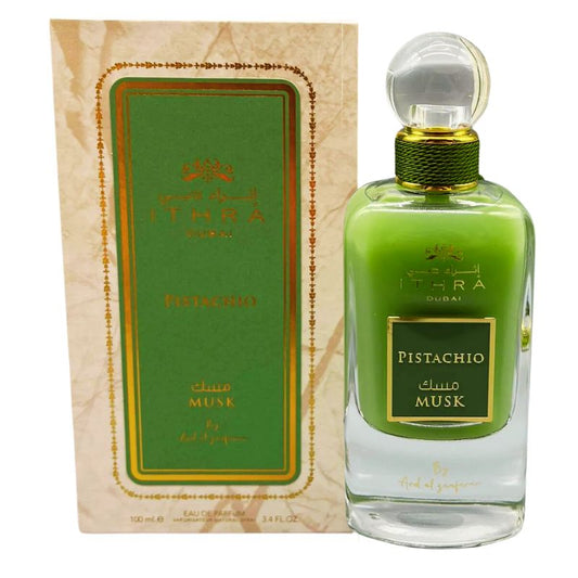 Ithra Dubai Musk Pistachio 100ml Eau de Parfum bottle and packaging.
