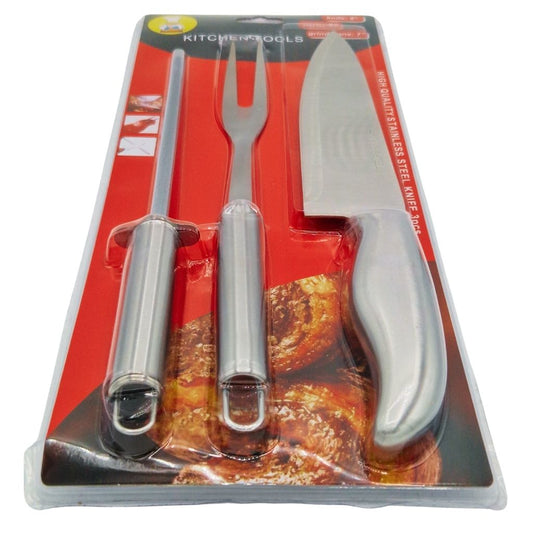 Set d’Ustensiles pour Barbecue – 3 Pièces : Couteau, Fourchette et Aiguiseur