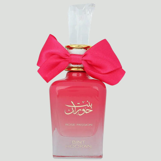 Bint Hooran Rose Passion Pink Eau de Parfum 100ml with pink bow and elegant bottle design.